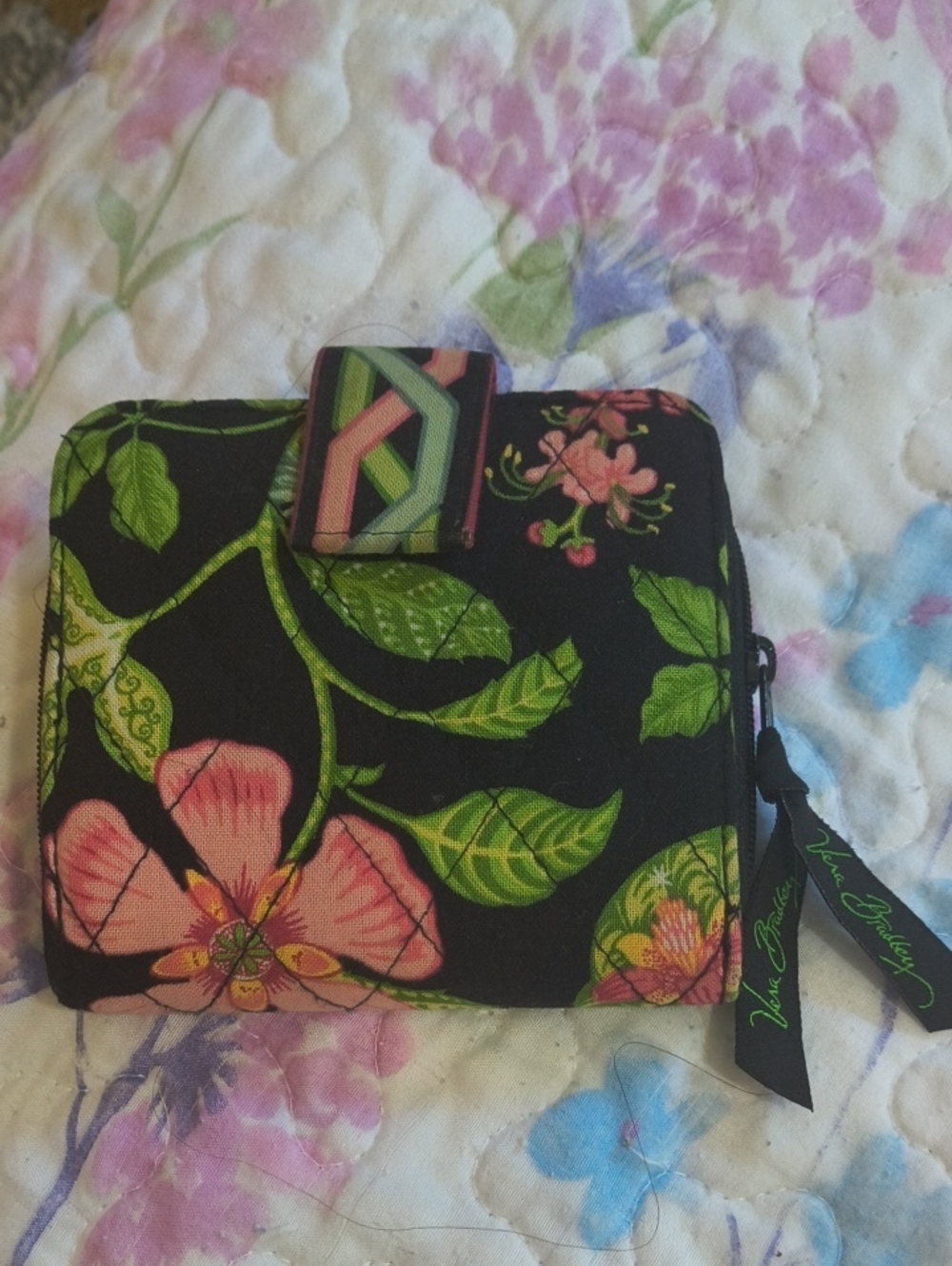 Vera Bradley Black Floral Quilted Zip Card Holder with Pink & Green Accents